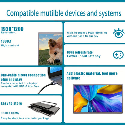 Premium UHD Laptop Screen Extender – 14" FHD 1920×1200 IPS Dual Display with Business Bag, Plug & Play for 13–17" Laptops