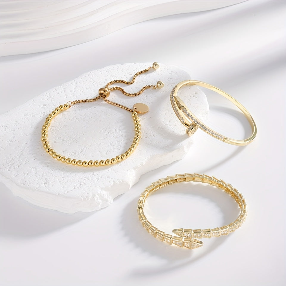 Exquisite Luxury Women'S Jewelry Set of 3, Elegant Style with Copper Plated Golden Inlaid Synthetic Zirconia Design Featuring Snake-Shaped Open Bracelet, Nail-Shaped Bracelet, and Round Bead Bracelet Suitable for Daily Wear a