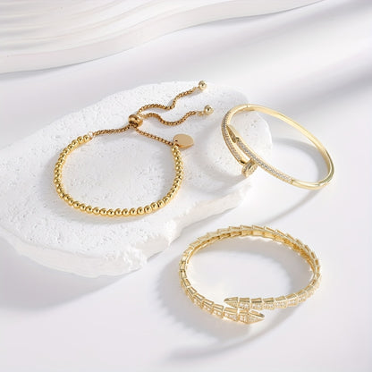 Exquisite Luxury Women'S Jewelry Set of 3, Elegant Style with Copper Plated Golden Inlaid Synthetic Zirconia Design Featuring Snake-Shaped Open Bracelet, Nail-Shaped Bracelet, and Round Bead Bracelet Suitable for Daily Wear a
