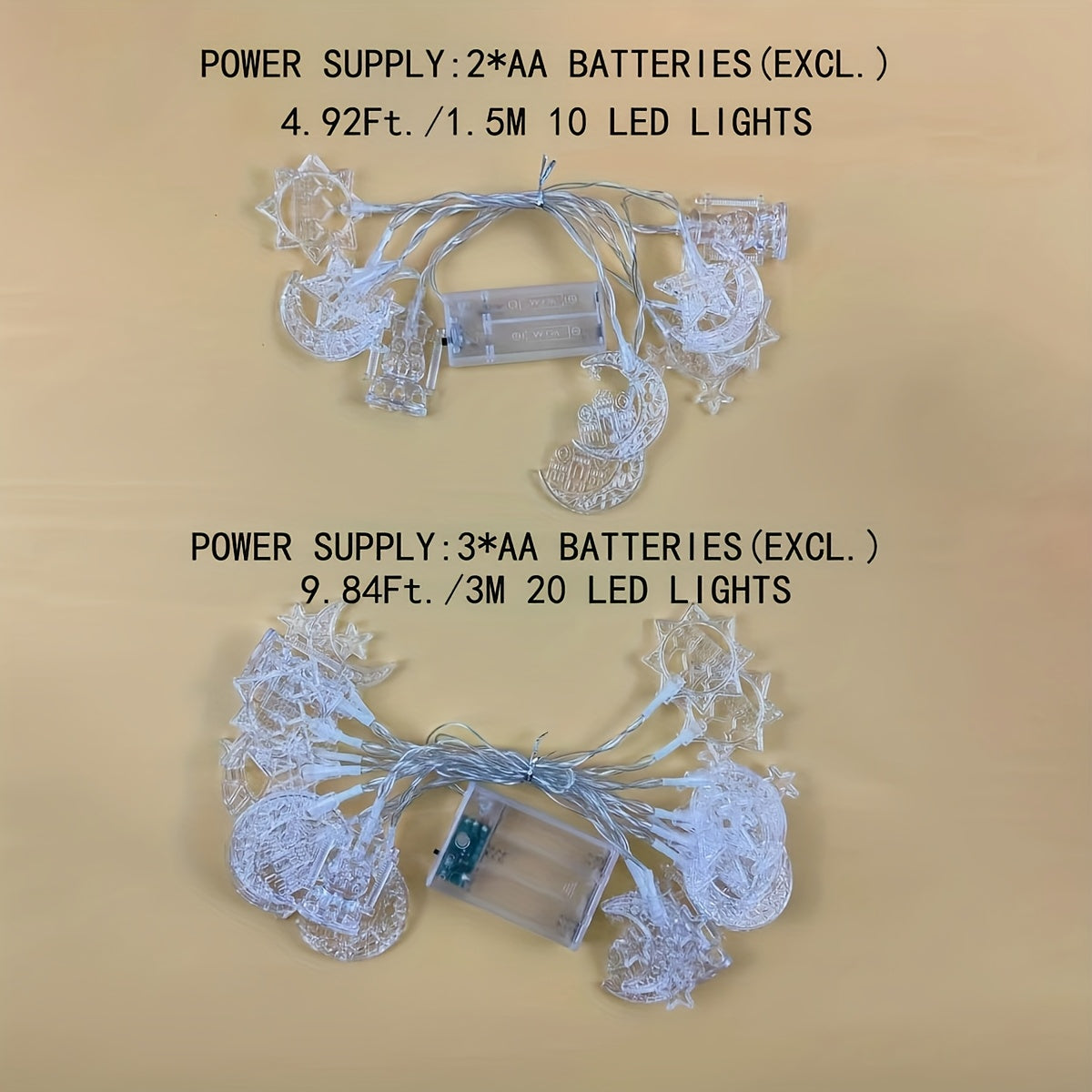 سلسلة إضاءة LED على شكل قلعة ونجمة وقلعة رمضانية، طولها 59 بوصة/10 مصابيح LED، تُستخدم كثريات جدارية داخلية في المنازل، في فصلي الربيع والصيف، وفي المهرجانات والمناسبات؛ مثالية لتزيين الأجواء الإسلامية.