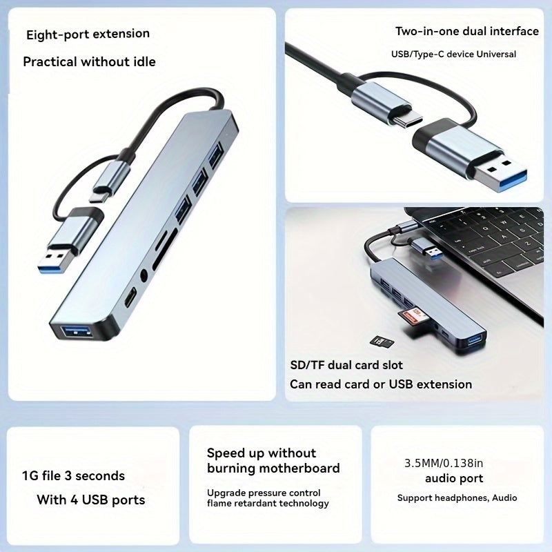 [8-in-1 USB Hub] 8-in-1 USB 3.0 Hub | Type-C Docking Station for Laptops & Desktops with Multi-Port Simultaneous Use, High-Speed Scaling, CD/TF Card Reader, Keyboard, Mouse, Hard Drive, and Fan Connections