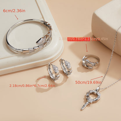 Elegant 4-Piece Copper Alloy Jewelry Set – Sparkling Zirconia Necklace, Ring, Earrings & Bracelet for Daily Wear and Special Gifts