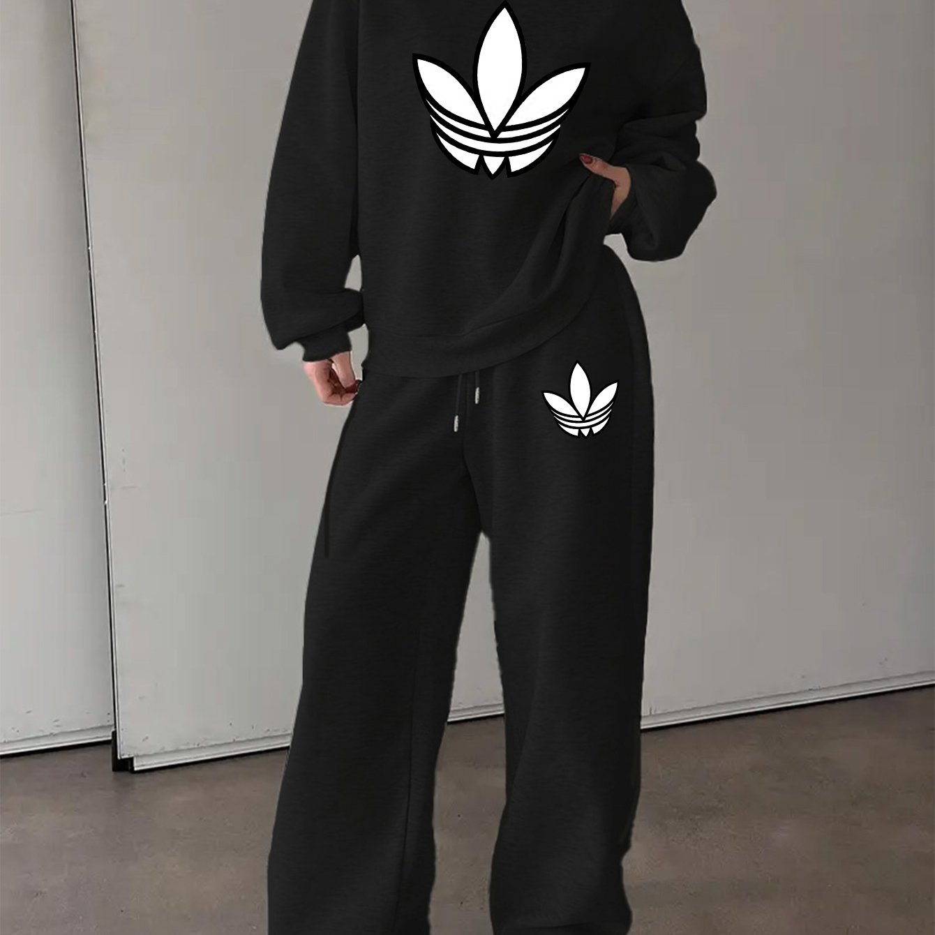 Letter Print Two Piece Set, Crew Neck Sweatshirt & Pants, Women's Clothing