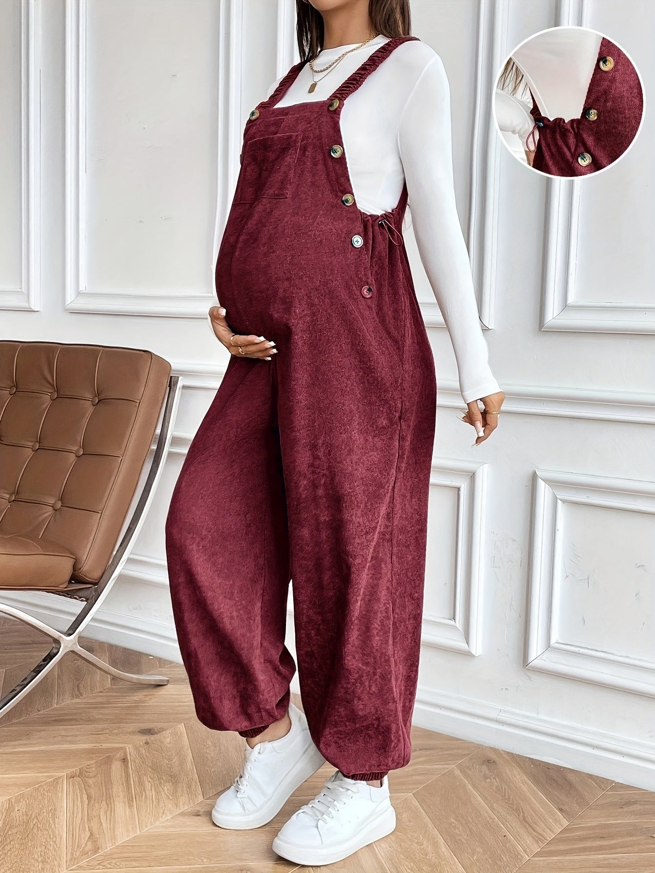 Women’s Maternity Oversized Trousers – Full-Length Corduroy-Style Pregnancy Pants with Adjustable Drawstring Waist & Golden-Tone Buttons