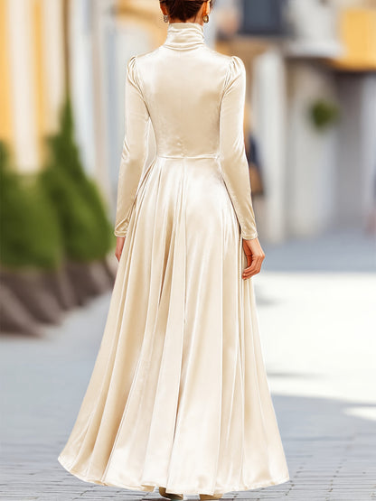 Women’s Elegant Navy Velvet Long Sleeve Evening Dress – High Neck A-Line Formal Gown with Zipper Back, Perfect for Weddings, Galas & Parties