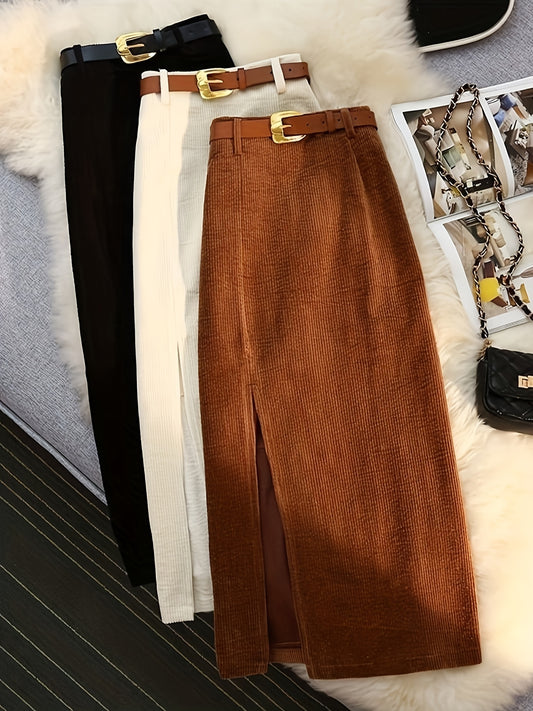 Women’s 3-Piece High-Waisted Ribbed Skirt Set – Black, Beige & Light Brown Long Skirts with Golden Belt Accents for Casual or Dressy All-Season Wear