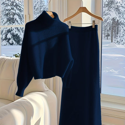 طقم ملابس تريكو نسائي لفصل الخريف والشتاء - فستان طويل فضفاض مع سترة بياقة عالية، بلون واحد