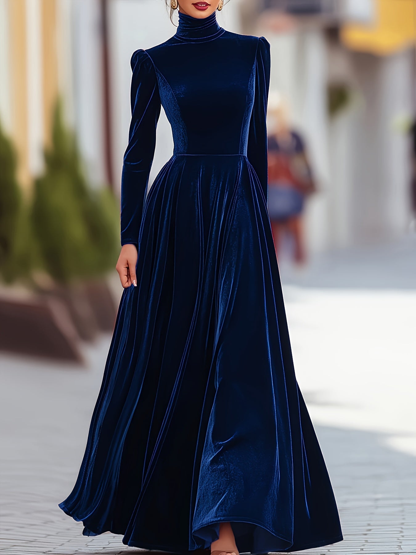 Women’s Elegant Navy Velvet Long Sleeve Evening Dress – High Neck A-Line Formal Gown with Zipper Back, Perfect for Weddings, Galas & Parties