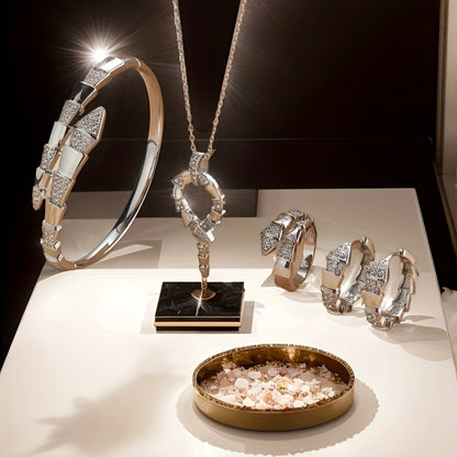 Elegant 4-Piece Copper Alloy Jewelry Set – Sparkling Zirconia Necklace, Ring, Earrings & Bracelet for Daily Wear and Special Gifts