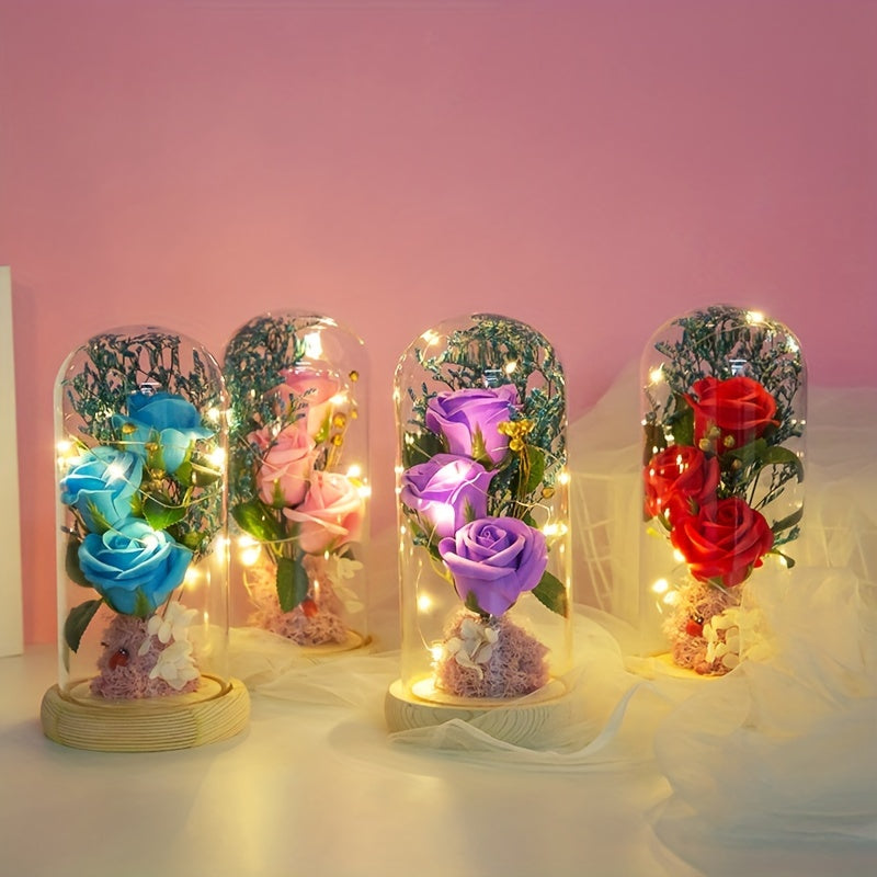 LED Rose Dome Lamp – Elegant Glass Flower Light with Multicolor Glow Base, Perfect Romantic Gift & Home Decor