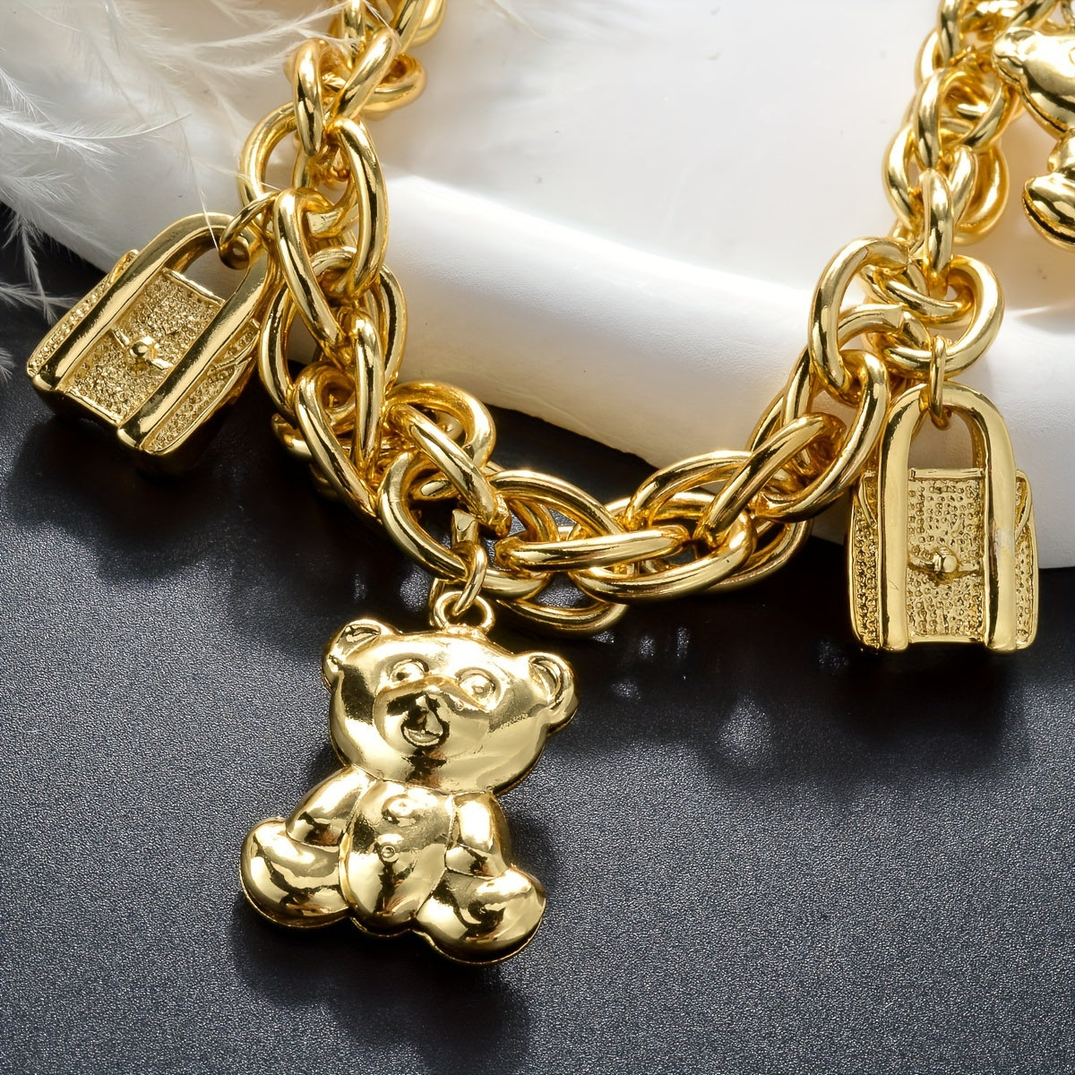 ZEADEAR Golden-Tone Bear & Handbag Charm Bracelet – Cute Copper Jewelry with Teddy Bear and Lock Pendants for Daily Wear or Special Gifts