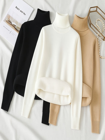 طقم سويت شيرت نسائي من 3 قطع برقبة عالية - ملابس تريكو خريف/شتاء