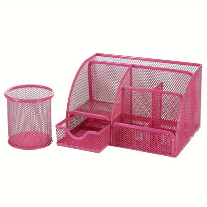 2-Piece Mesh Desk Organizer Set with Sticky Note Holder – Expandable Rustproof Iron Caddy for Home, Office & School Supplies (Black, Green, Pink, Purple)