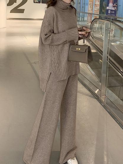 Autumn & Winter Sweater Set – Elegant High-Neck Top with Wide-Leg Pants, Solid Color Casual Chic Outfit
