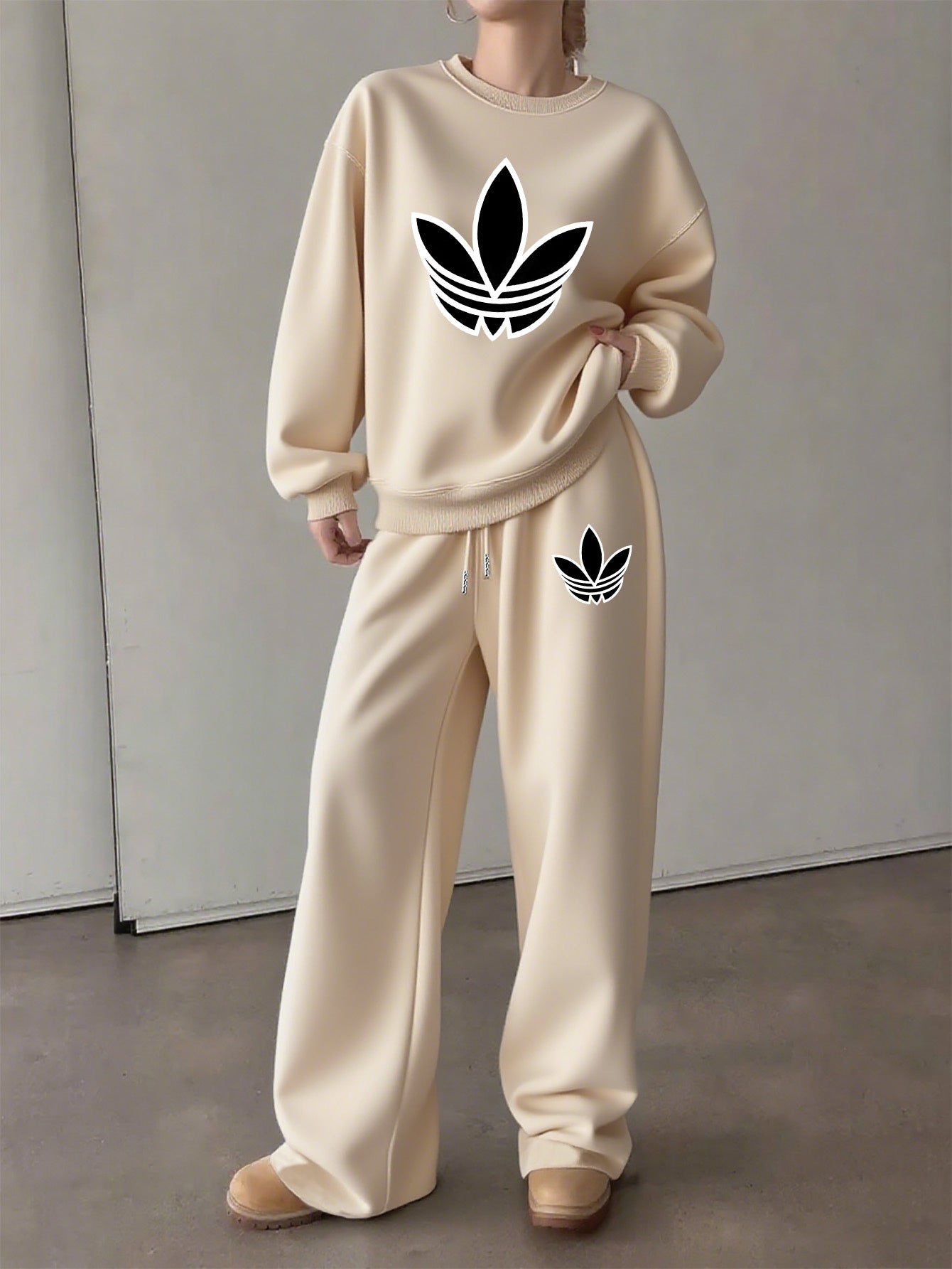 Letter Print Two Piece Set, Crew Neck Sweatshirt & Pants, Women's Clothing