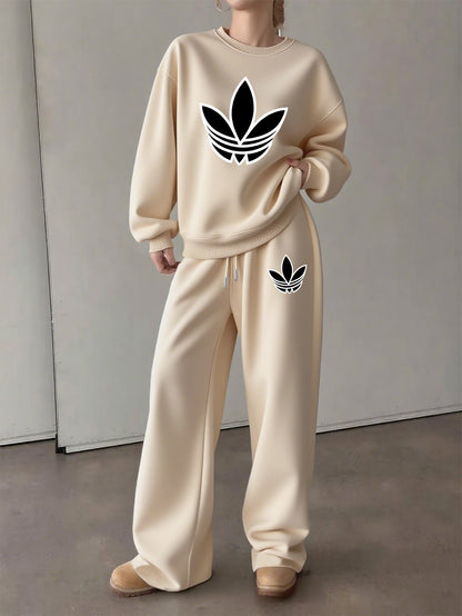 Letter Print Two Piece Set, Crew Neck Sweatshirt & Pants, Women's Clothing