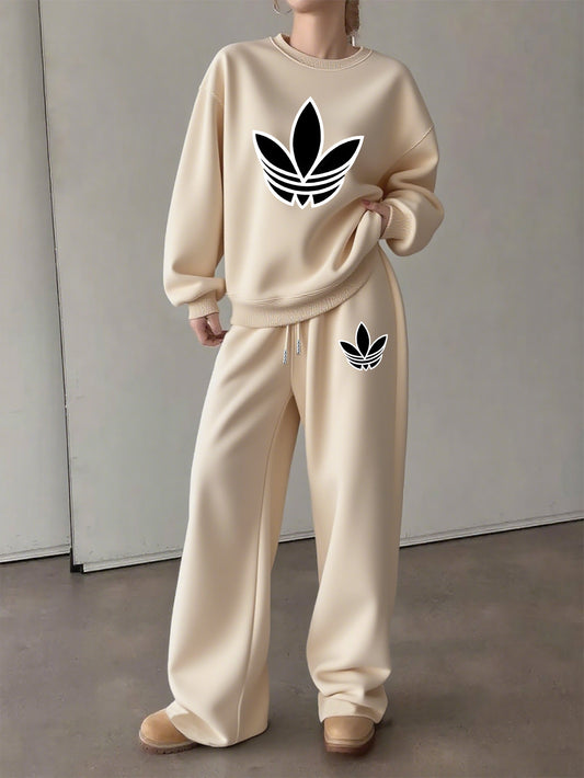 Letter Print Two Piece Set, Crew Neck Sweatshirt & Pants, Women's Clothing