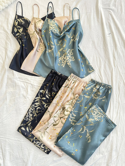 6-Piece Cherry Print Sleepwear Set – Ruffled Neckline Top with Matching Long Pants, Cute and Comfortable Loungewear