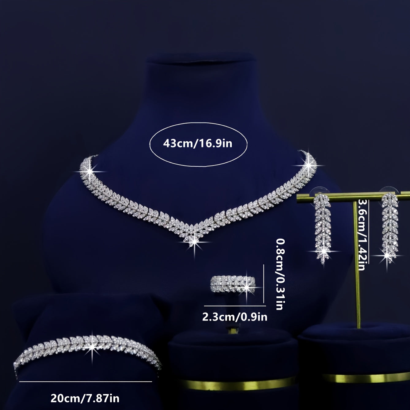 Women’s 5-Piece Leaf Design Bridal Jewelry Set – White Zirconia Ring, Necklace, Earrings & Bracelet for Weddings, Anniversaries & Valentine’s Day