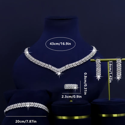 Women’s 5-Piece Leaf Design Bridal Jewelry Set – White Zirconia Ring, Necklace, Earrings & Bracelet for Weddings, Anniversaries & Valentine’s Day
