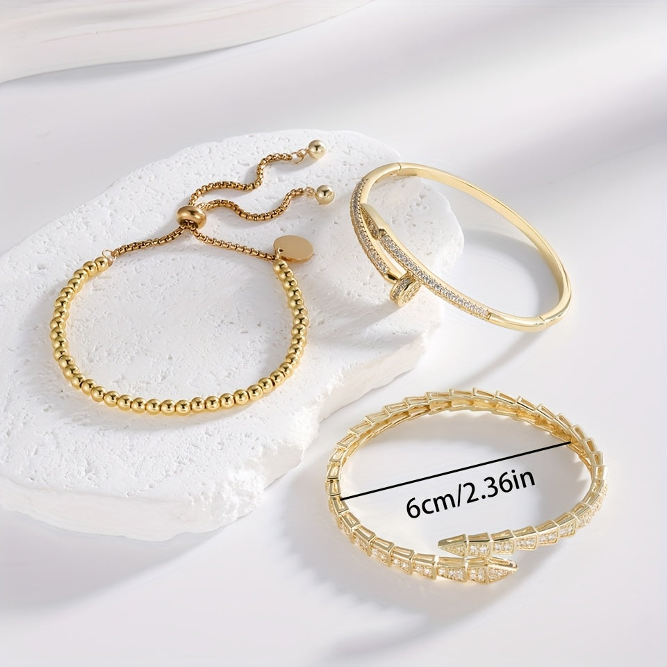 Exquisite Luxury Women'S Jewelry Set of 3, Elegant Style with Copper Plated Golden Inlaid Synthetic Zirconia Design Featuring Snake-Shaped Open Bracelet, Nail-Shaped Bracelet, and Round Bead Bracelet Suitable for Daily Wear a