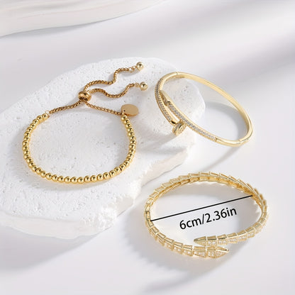Exquisite Luxury Women'S Jewelry Set of 3, Elegant Style with Copper Plated Golden Inlaid Synthetic Zirconia Design Featuring Snake-Shaped Open Bracelet, Nail-Shaped Bracelet, and Round Bead Bracelet Suitable for Daily Wear a