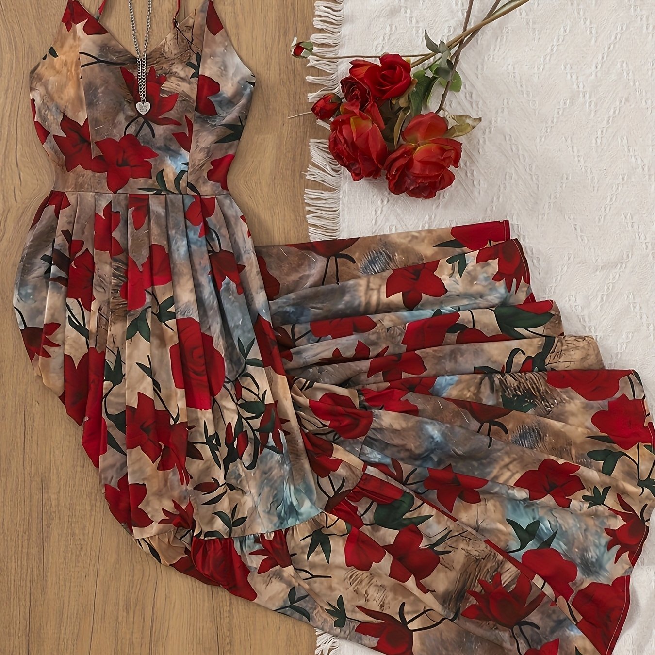 Women’s Vintage Floral Spaghetti-Strap Ball Gown – Large Skirt Dress for Elegant Outings & Date Nights