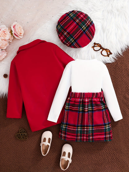 Girls’ 4-Piece Autumn/Winter Fashion Set – Button-Up Coat, Ribbed Long-Sleeve Top, Checkered Elastic-Waist Skirt & Matching Beret