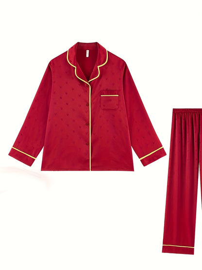 Women’s Elegant Red Heart-Pattern Pajama Set – Soft Long-Sleeve Top & Pants with Lapel Collar and Button Details for Spring/Fall