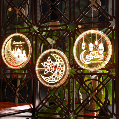 فوانيس رمضانية بتقنية LED - تصميم الخط العربي والهلال، تعمل بالبطارية، مصابيح معلقة داخلية/خارجية مع زر تحكم، فوانيس زخرفية