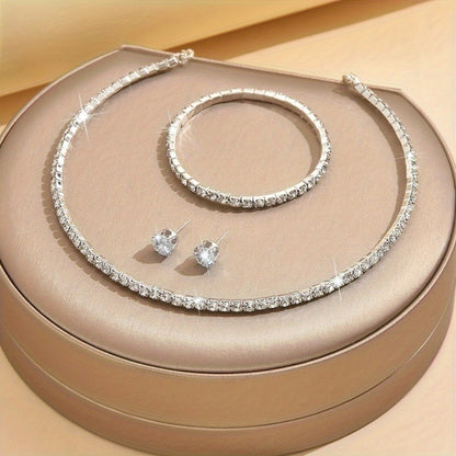 925 Sterling Silvery Set, Women's Luxury Tennis Necklace + Bracelet + Earrings Three-Piece Set, Mother's Day/Valentine's Day Gift