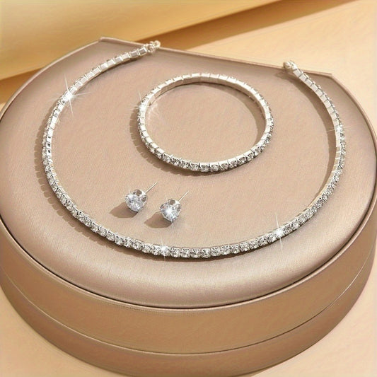 925 Sterling Silvery Set, Women's Luxury Tennis Necklace + Bracelet + Earrings Three-Piece Set, Mother's Day/Valentine's Day Gift