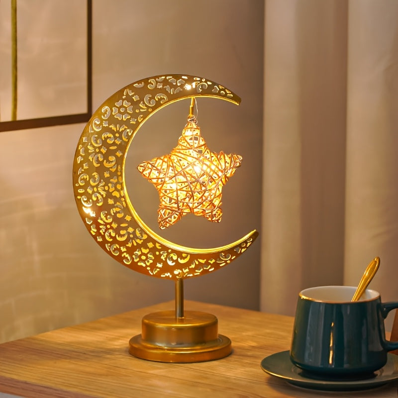 [Boho Star Night Light] Shenzhi Tech Star & Moon Metal Rattan Night Light | Decorative LED Lamp with Golden Crescent Moon & Star Design, Perfect for Bedroom, Kitchen Table, or Desk Decor, Boho Home Ambient Lighting, Table Lam