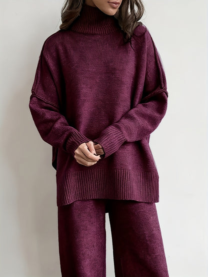 طقم نسائي شتوي محبوك من قطعتين - بلوفر أنيق بياقة عالية وأكمام طويلة وبنطال طويل متناسق، مظهر بسيط وعصري