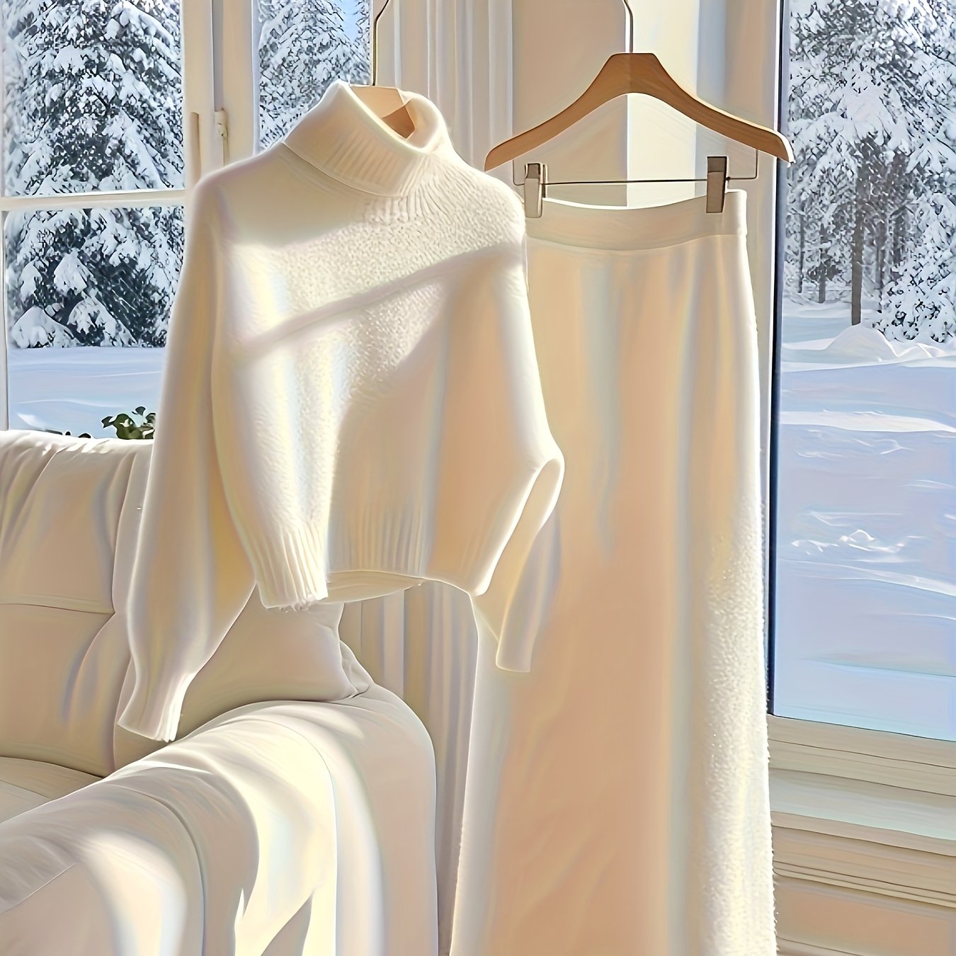 طقم ملابس تريكو نسائي لفصل الخريف والشتاء - فستان طويل فضفاض مع سترة بياقة عالية، بلون واحد