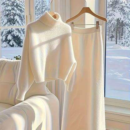 طقم ملابس تريكو نسائي لفصل الخريف والشتاء - فستان طويل فضفاض مع سترة بياقة عالية، بلون واحد