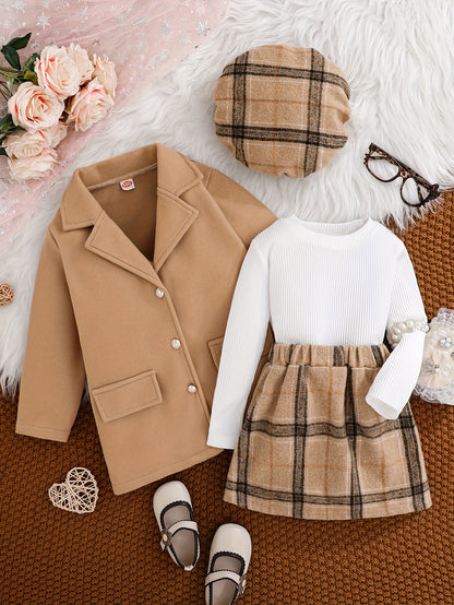 Girls’ 4-Piece Autumn/Winter Fashion Set – Button-Up Coat, Ribbed Long-Sleeve Top, Checkered Elastic-Waist Skirt & Matching Beret