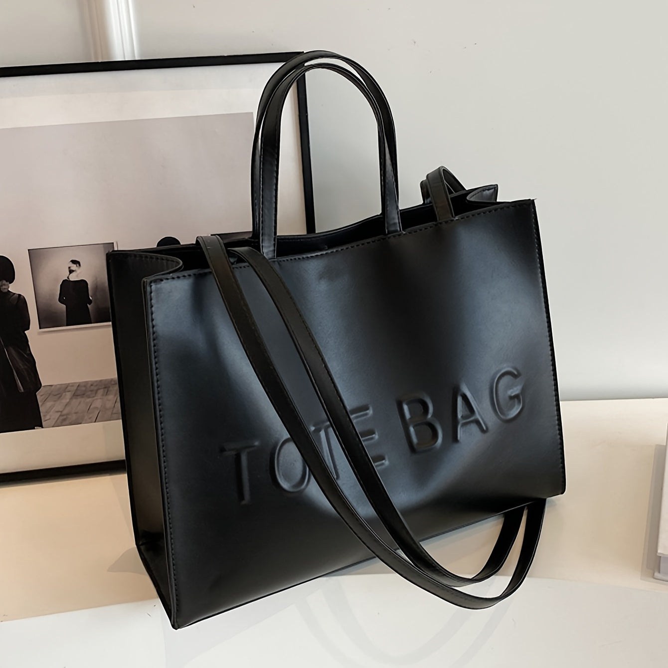 PU Textured Large-Capacity Women’s Tote Bag — Vintage Commuter Shoulder & Crossbody Bag with ‘TOTE BAG’ Embossed Design, Durable and Lightweight, Ideal for Work, Business & School, Available in Black, Brown, and Silve