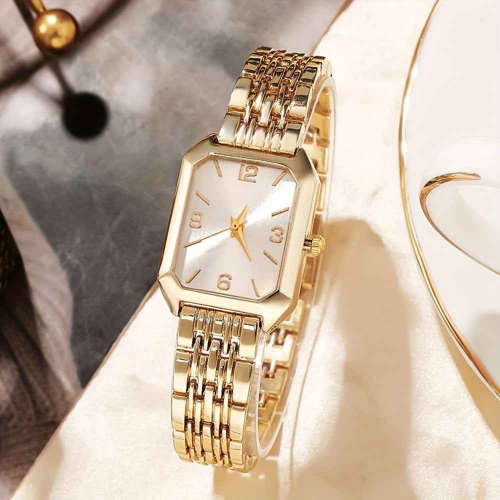 Women’s 4-Piece Quartz Watch Gift Set – Stylish Retro Rectangular Dial with Comfortable Alloy Straps, Perfect for Daily Wear & Gifting