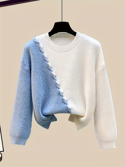 طقم نسائي من قطعتين من ملابس التريكو لفصلي الخريف والشتاء - بلوزة عصرية مع تنورة فضفاضة