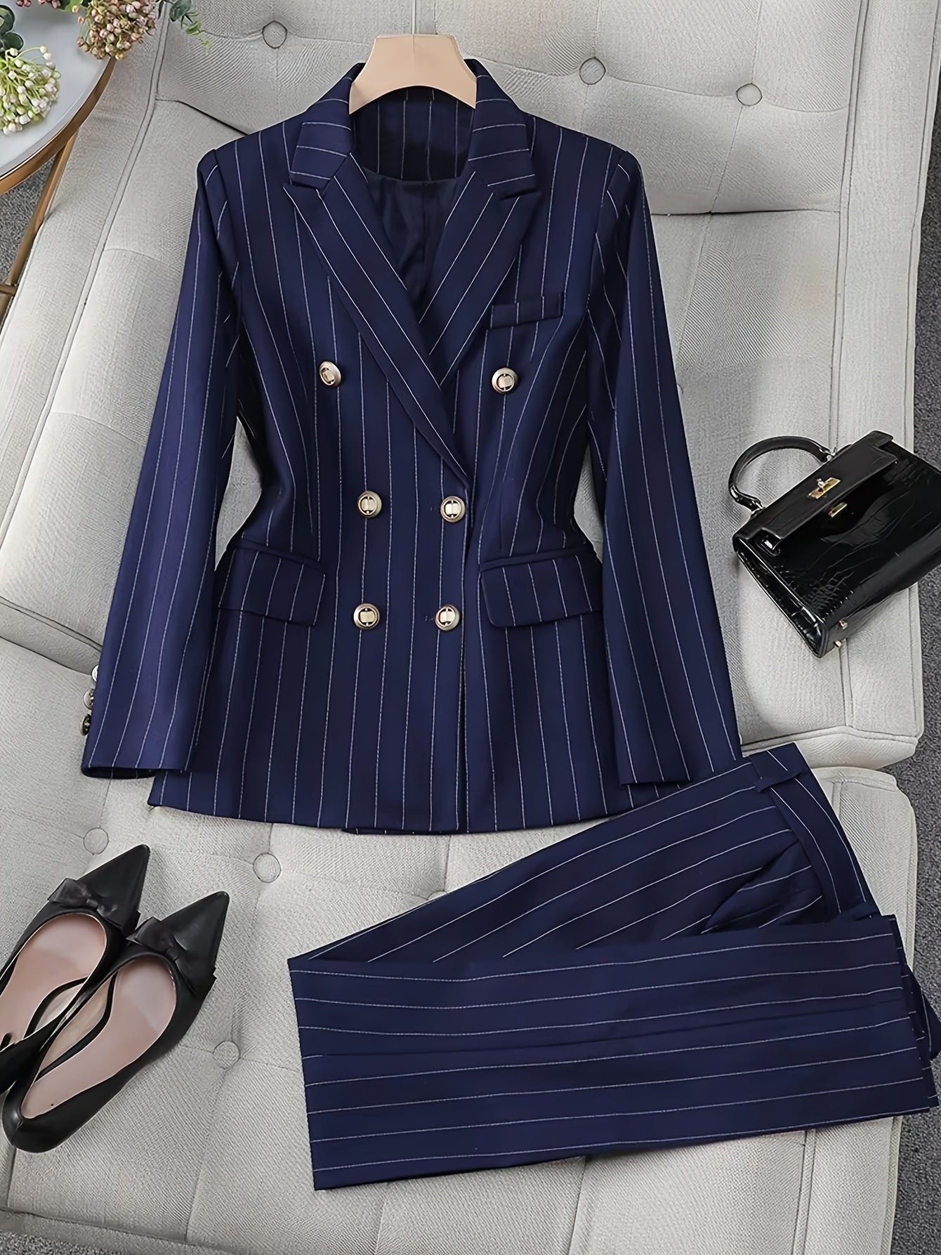 Blue Striped Women's Two-Piece Suit with Double-Breasted Business Casual Office Pants Set