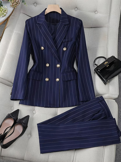 Blue Striped Women's Two-Piece Suit with Double-Breasted Business Casual Office Pants Set