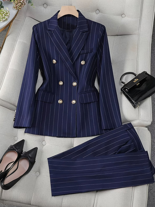 Blue Striped Women's Two-Piece Suit with Double-Breasted Business Casual Office Pants Set