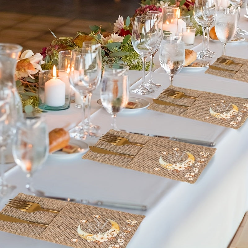 Set of 5 Eid-Themed Linen Bags Featuring Moon Lanterns And Flowers, Perfect for Ramadan Celebrations. These Burlap Bags Are Ideal for Eid Mubarak Decorations at Home And for Islamic Muslim Party Supplies, Including Tableware
