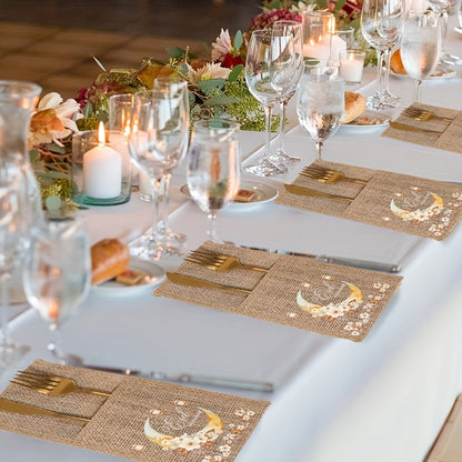 Set of 5 Eid-Themed Linen Bags Featuring Moon Lanterns And Flowers, Perfect for Ramadan Celebrations. These Burlap Bags Are Ideal for Eid Mubarak Decorations at Home And for Islamic Muslim Party Supplies, Including Tableware