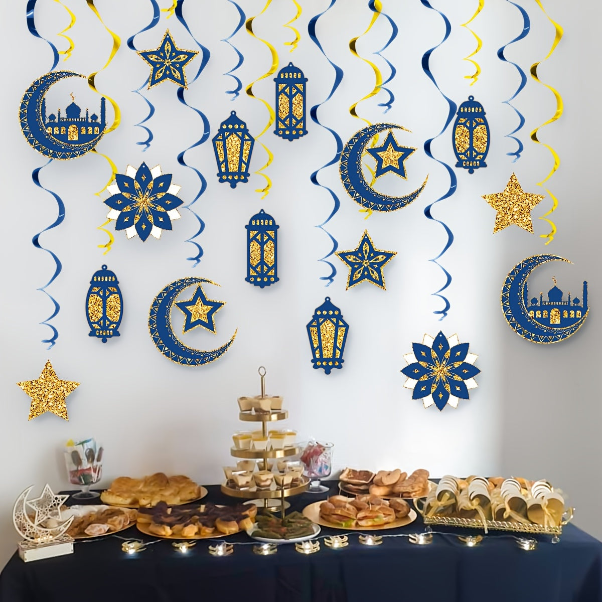 16pcs Islamic Ramadan & Eid Al-Fitr Ceiling Decorations Suitable for Muslim Parties - Elegant Islamic Spiral Stairs with & Islamic Motifs, Ceiling Hanging Ornaments for Ramadan, Eid, Muslim (Paper)