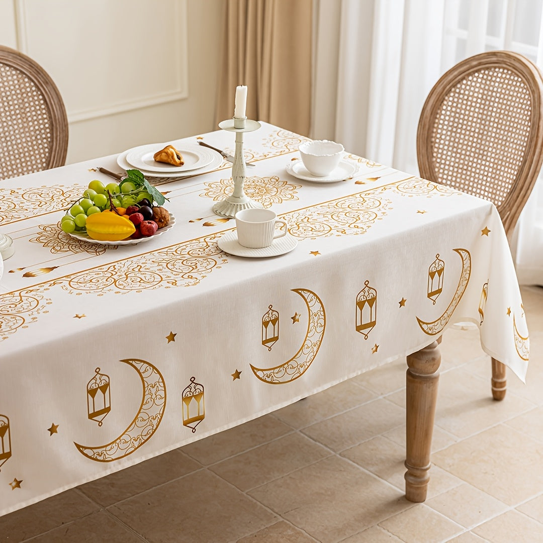 1pc Bohemian Geometric Beige Ramadan Tablecloth, with Golden Moon and Stars Pattern, Washable Rectangular Tablecloth, Suitable for Dinner Party, Table, Party, Festival Celebration Decoration, Eid Decoration, Gift