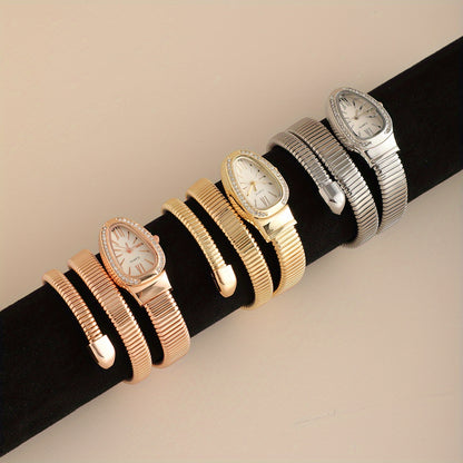 Women’s Snake-Shaped Wrap Watch with Crystals – Elegant Golden & Rose Gold Metal Band, Oval Dial, Quartz Movement, Sophisticated Fashion Timepiece