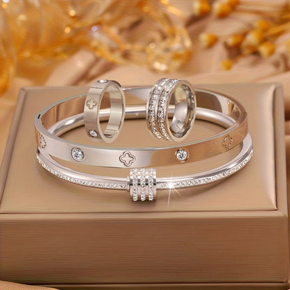 4-Piece Stainless Steel Bracelet & Ring Set – Elegant Interlocking Loop Design with Heart & Rhinestone-Style Accents for Weddings, Parties & Daily Wear