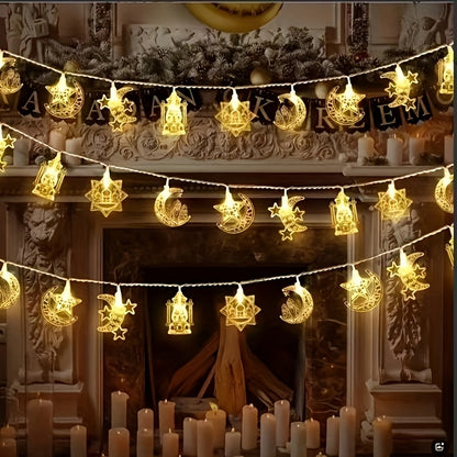 سلسلة إضاءة LED على شكل قلعة ونجمة وقلعة رمضانية، طولها 59 بوصة/10 مصابيح LED، تُستخدم كثريات جدارية داخلية في المنازل، في فصلي الربيع والصيف، وفي المهرجانات والمناسبات؛ مثالية لتزيين الأجواء الإسلامية.